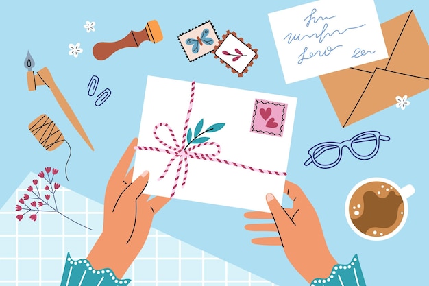 Вектор Женщина держит в руках конверт с почтовой карточкой со штемпельной романтической бумагой, приветственное сообщение, открытка ручной работы, векторная иллюстрация