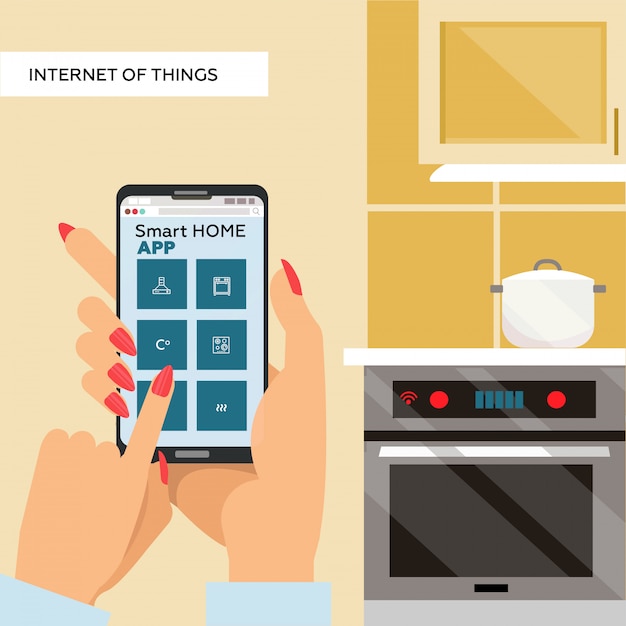 Вектор Руки женщины держа smartphone с умным домашним app на экране. интернет вещей для кухни. котелок на плите.