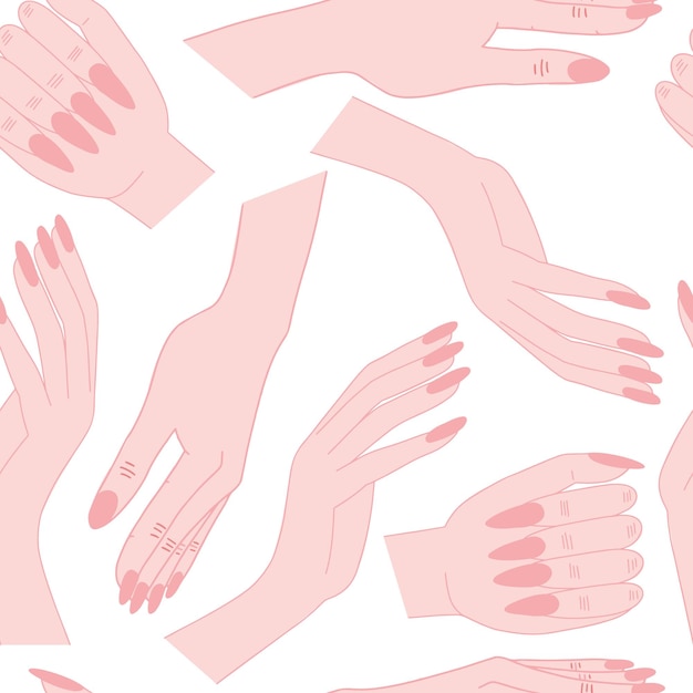 Vector woman hands with nude manicure seamless pattern flat style different woman hands with classic manicure on white background