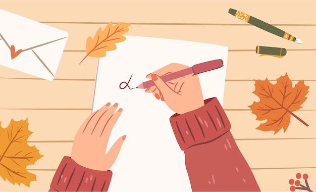 Woman hands with pen writing letter on a paper sheet Top view Cozy autumn illustration