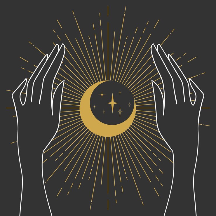 Vector woman hands with shiny celestial crescent moon magic and sorcery vector illustration