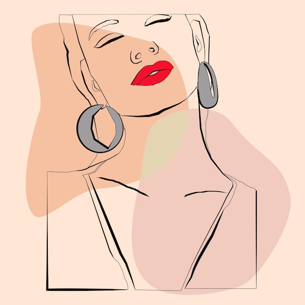 The woman has her eyes closed and large earrings and red lipstick on her lips