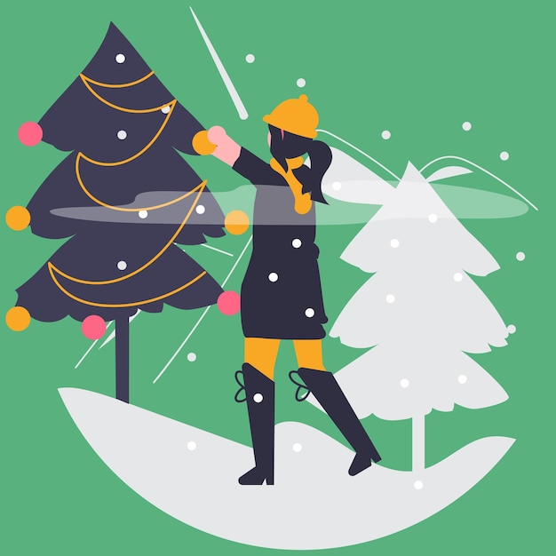 A woman in a hat and boots is dancing in front of a christmas tree