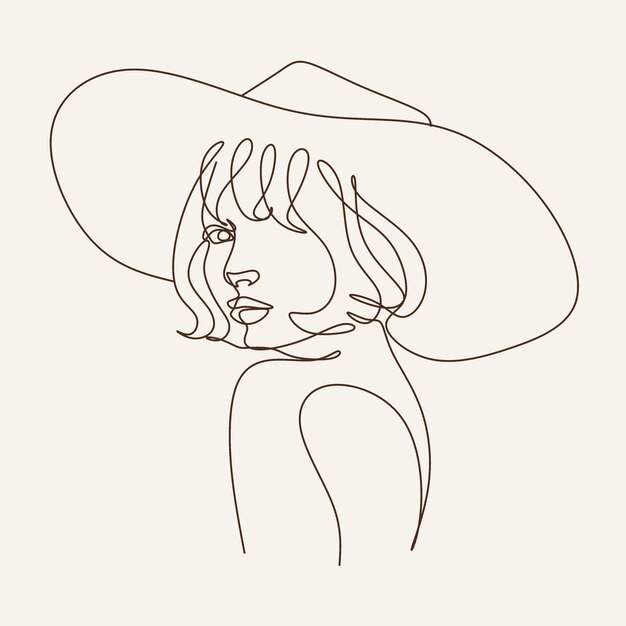 Donna nel disegno della linea di moda del cappello, illustrazione in bianco e nero. elemento vettoriale disegnato a mano per fashi