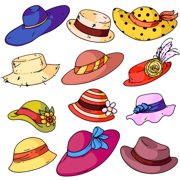 Vector woman hat fashion set. isolated cartoon summer female hats with brims ribbons collection. woman retro head wear style. lady accessory design vector illustration