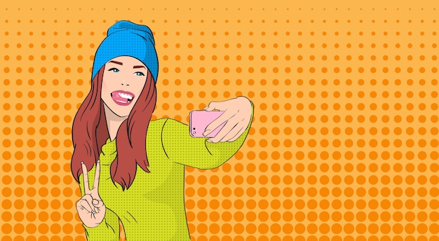 Vector woman in hat girl taking selfie