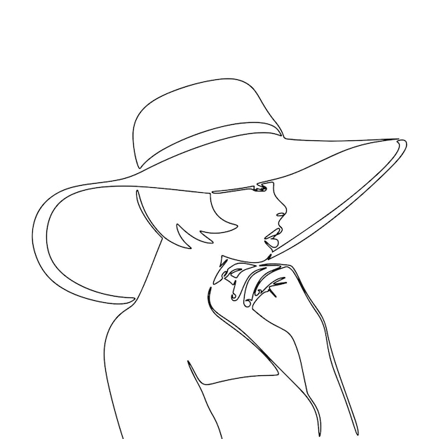 Woman in hat one line continuous Line art outline vector illustration of beautiful woman