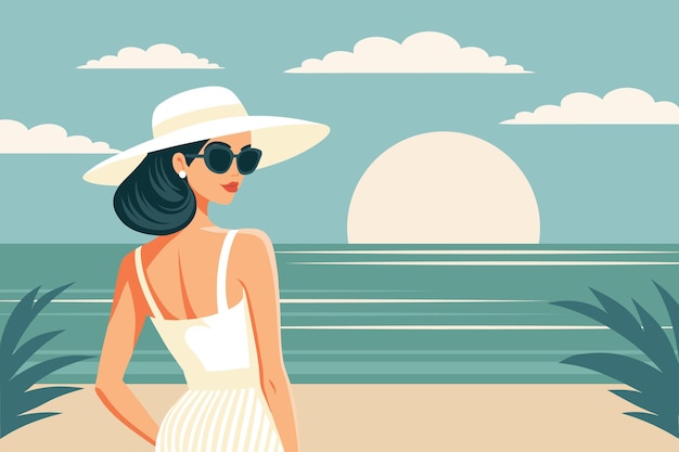 浜辺で帽子とサングラスをかぶった女性 夏休みのコンセプト 旅行イラスト
