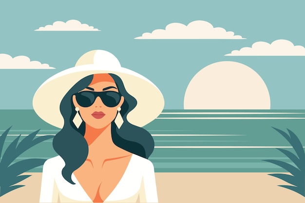浜辺で帽子とサングラスをかぶった女性 夏休みと旅行コンセプト イラスト