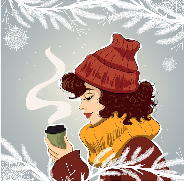 Vector woman in hat with cup of coffee illustration