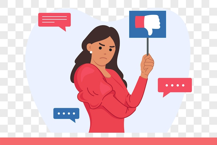 Vector woman hater shows dislike on sign and expresses critical opinion and negative feedback about product