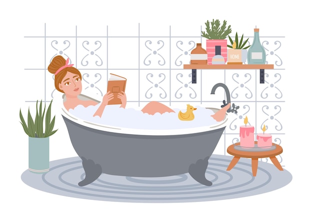 Женщина с ванной с пеной и книгой для чтения