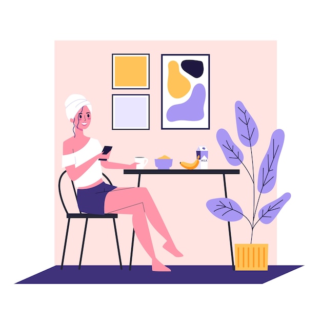 Woman having breakfast early in the morning. Daily routine, healthy eating. Young happy adult sitting at the table.   illustration in cartoon style