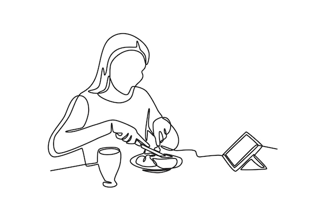 woman having breakfast while looking at tablet eating breakfast concept oneline drawing