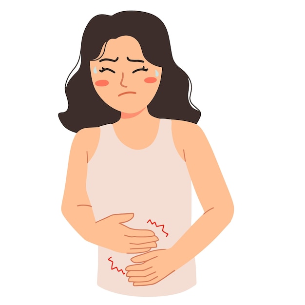 Vector woman having cramps and stomach ache menstrual pain illustration