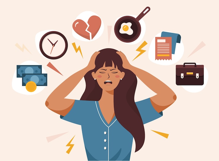 वेक्टर woman having a headache because of stress