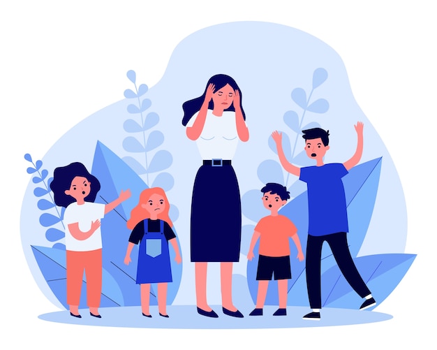 woman having headache and surrounded by angry children. teacher, mom, noise   illustration. behavior and childhood concept for banner, website  or landing web page