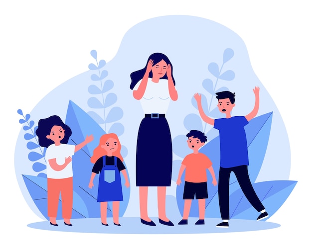 Woman having headache and surrounded by angry children. Teacher, mom, noise   illustration. Behavior and childhood concept for banner, website  or landing web page