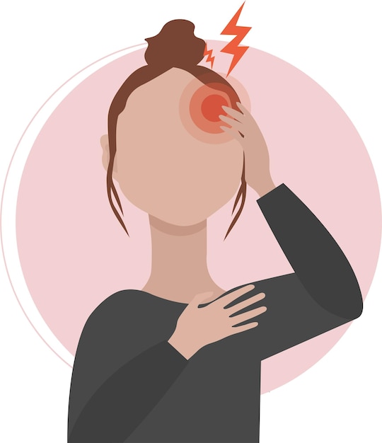 벡터 두통이 있는 여성 머리를 만지고 통증을 느끼는 여성 두통이 있는 후드티를 입은 여성
