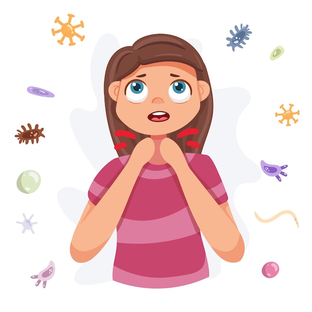 Woman having sore throat, symptom of flu, cartoon   illustration