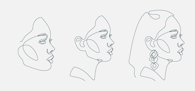 Vector woman head portrait set continuous line drawing