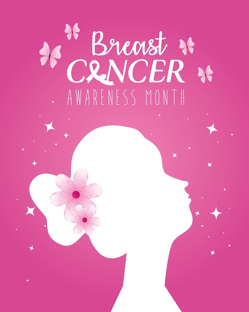 유방암 인식 디자인, 캠페인 및 예방 테마의 꽃을 가진 여자 머리 실루엣