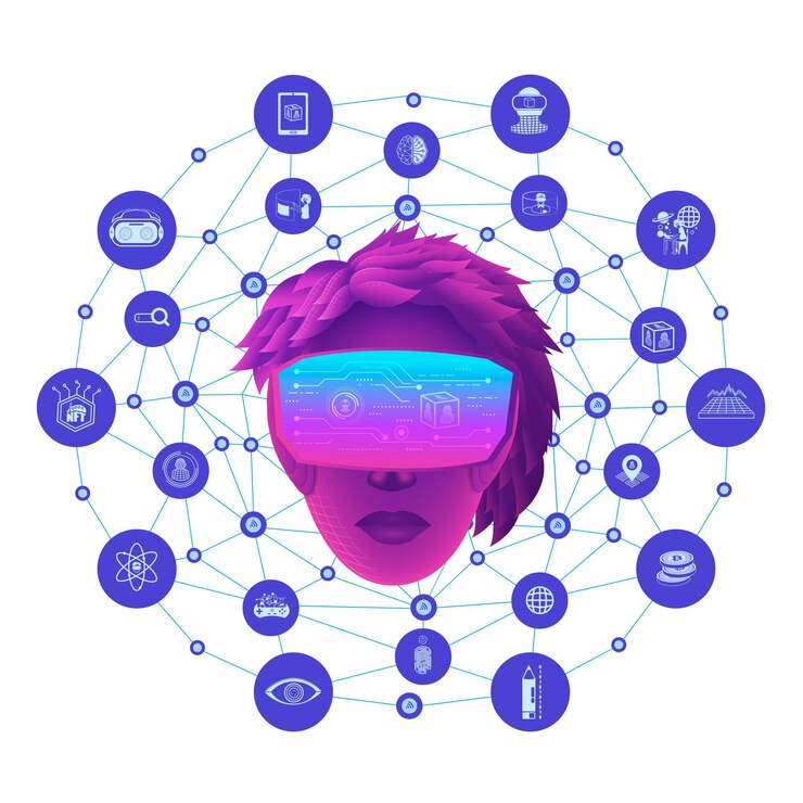Vector a woman head use vr virtual reality goggle and metaverse icons with line polygon background