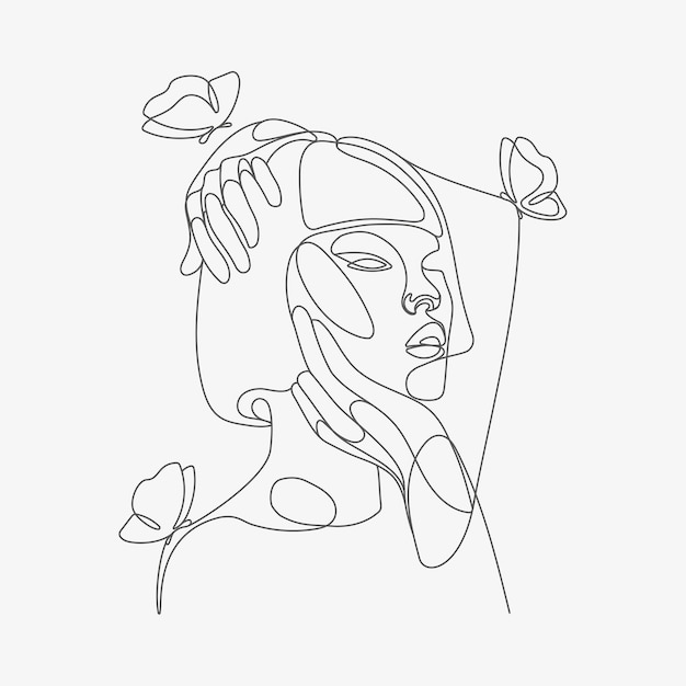 Woman head with butterfly composition Handdrawn   lineart illustration One Line style drawing