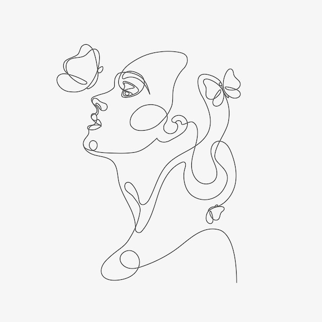 Testa di donna con composizione a farfalla illustrazione lineart disegnata a mano disegno in stile una linea line