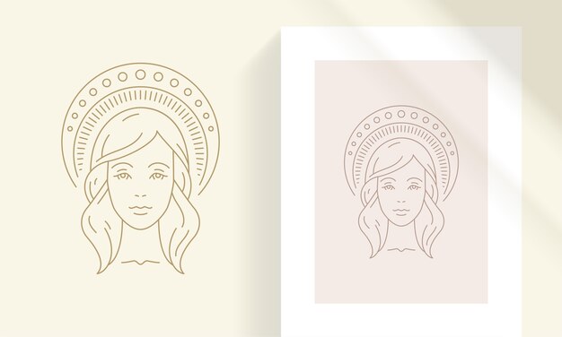 Woman head with celestial ornamental headgear silhouette linear illustration