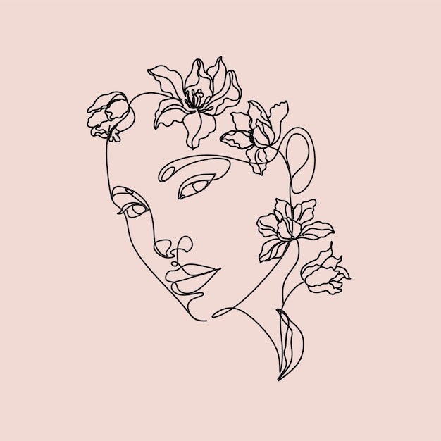 Testa di donna con fiori disegno a tratteggio continuo set natura femminile una linea ritratto astratto volto di donna contorno minimalista wall art design elegante logo per marchio di cosmetici o parrucchiere