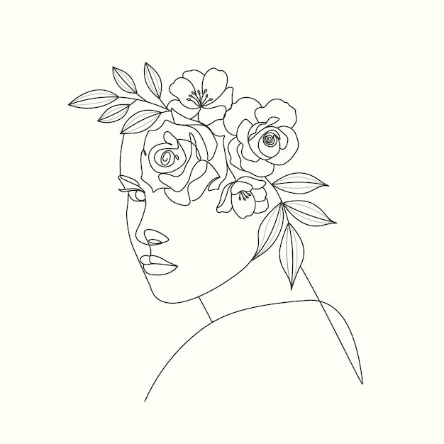 Woman head with flowers elegant line art drawing