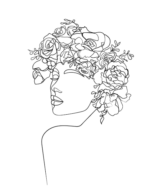 Vector woman head with flowers one line drawing.  - vector illustration