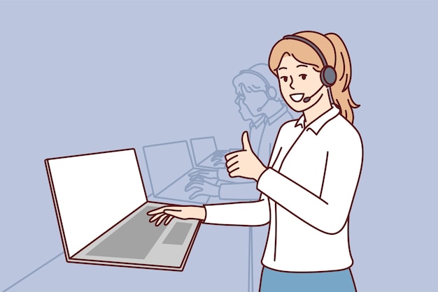 Woman in headphones for call center stands near laptop and showing thumbs up Vector image