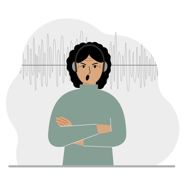 Woman in headphones and a sound track Concept of online podcast radio online books online learning and music