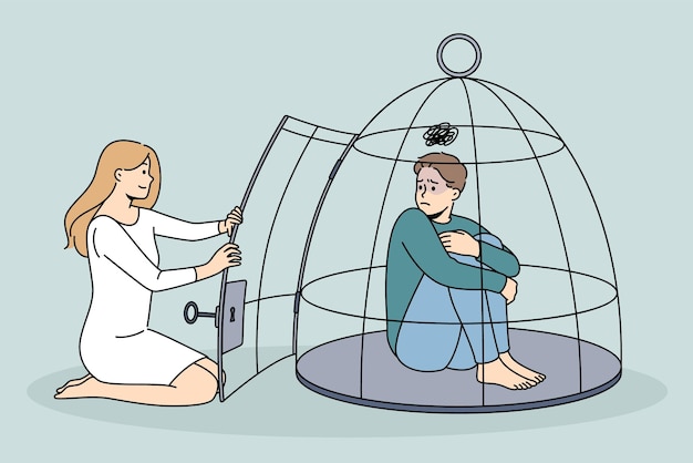 Woman help depressed man locked in cage