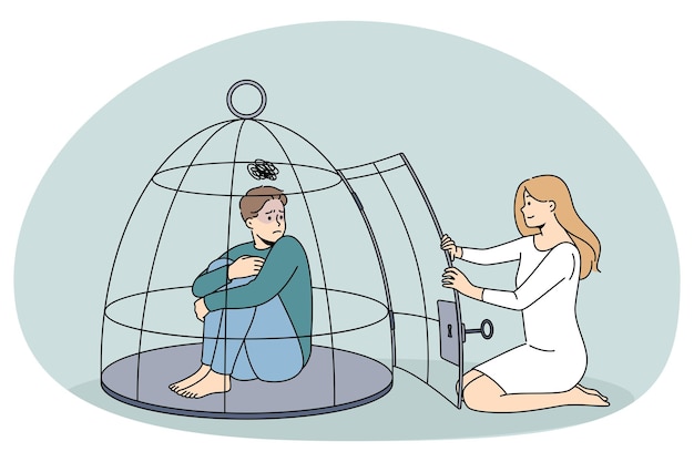 Woman help depressed man locked in cage