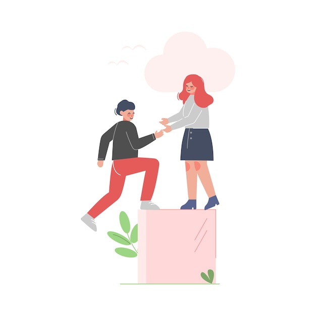 Vector woman helping man to climb up on top of rising diagram column moving up motivation business concept cartoon vector illustration