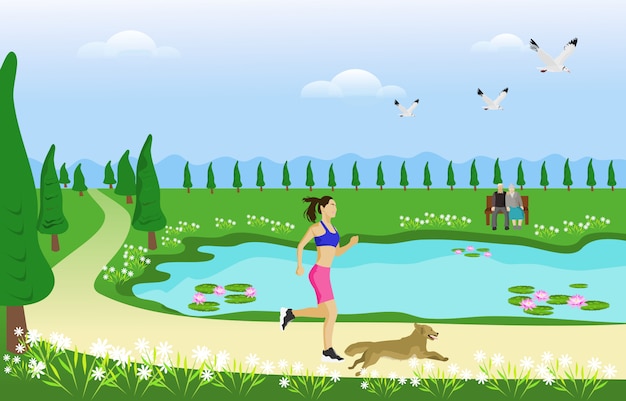 The woman and her dog are jogging on the way in the park