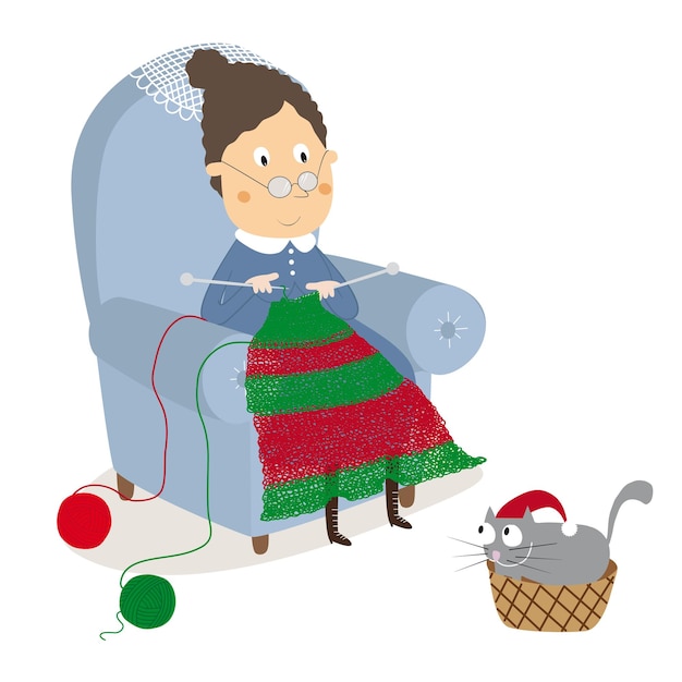 woman in high chair knitting for christmas with her cat