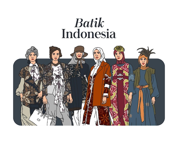 ベクトル 女性ヒジャーブファッションショー手描きイラストバティックの衣装を着たモデルインドネシア文化