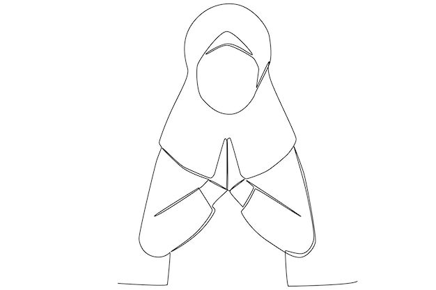 A woman in hijab giving a greeting in Ramadan one line art