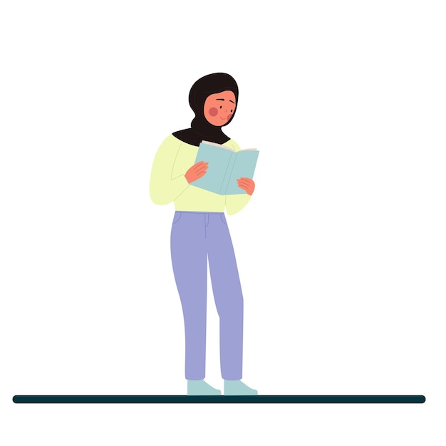 A woman in hijab is walking and reading a book Vector illustration