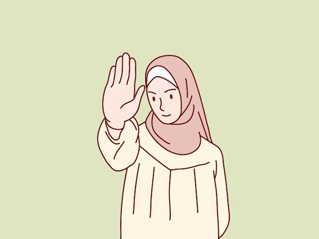 Woman hijab serious say no stop sign gesture hand simple korean style illustration