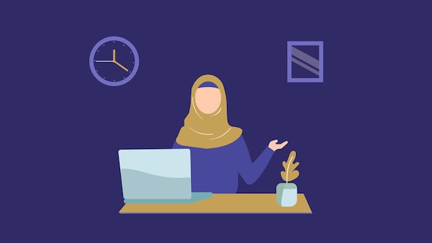 Vector a woman in a hijab sits at a desk in front of a clock.