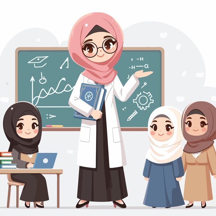ヒジャブを着た女性がその上にグラフが描かれた白板の前に立っています