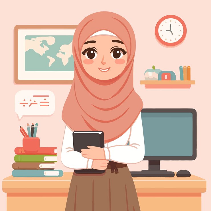 ヒジャブを着た女性がその上にグラフが描かれた白板の前に立っています