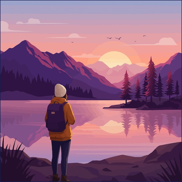 woman hiker watching sunset over mountain lake reflection serene landscape