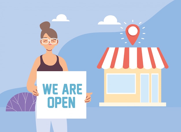 Woman at his local business with open banner