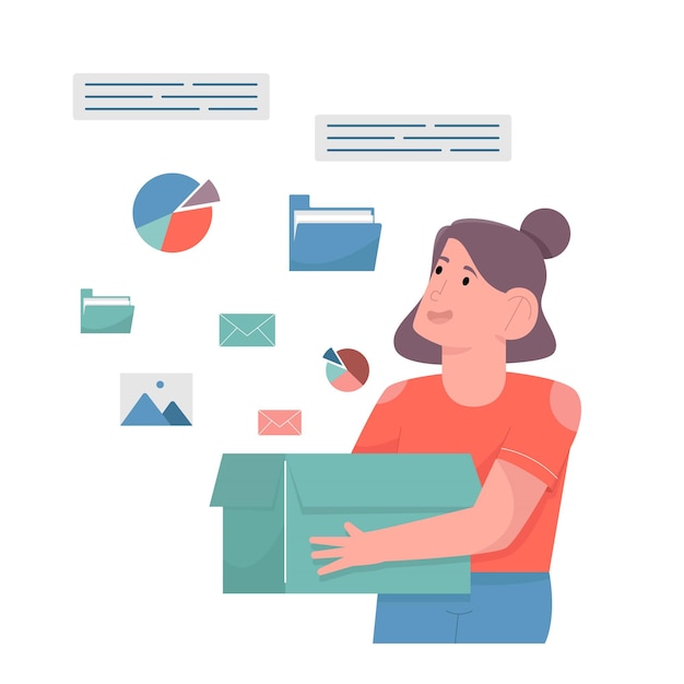 Woman hold box and some data get out from box